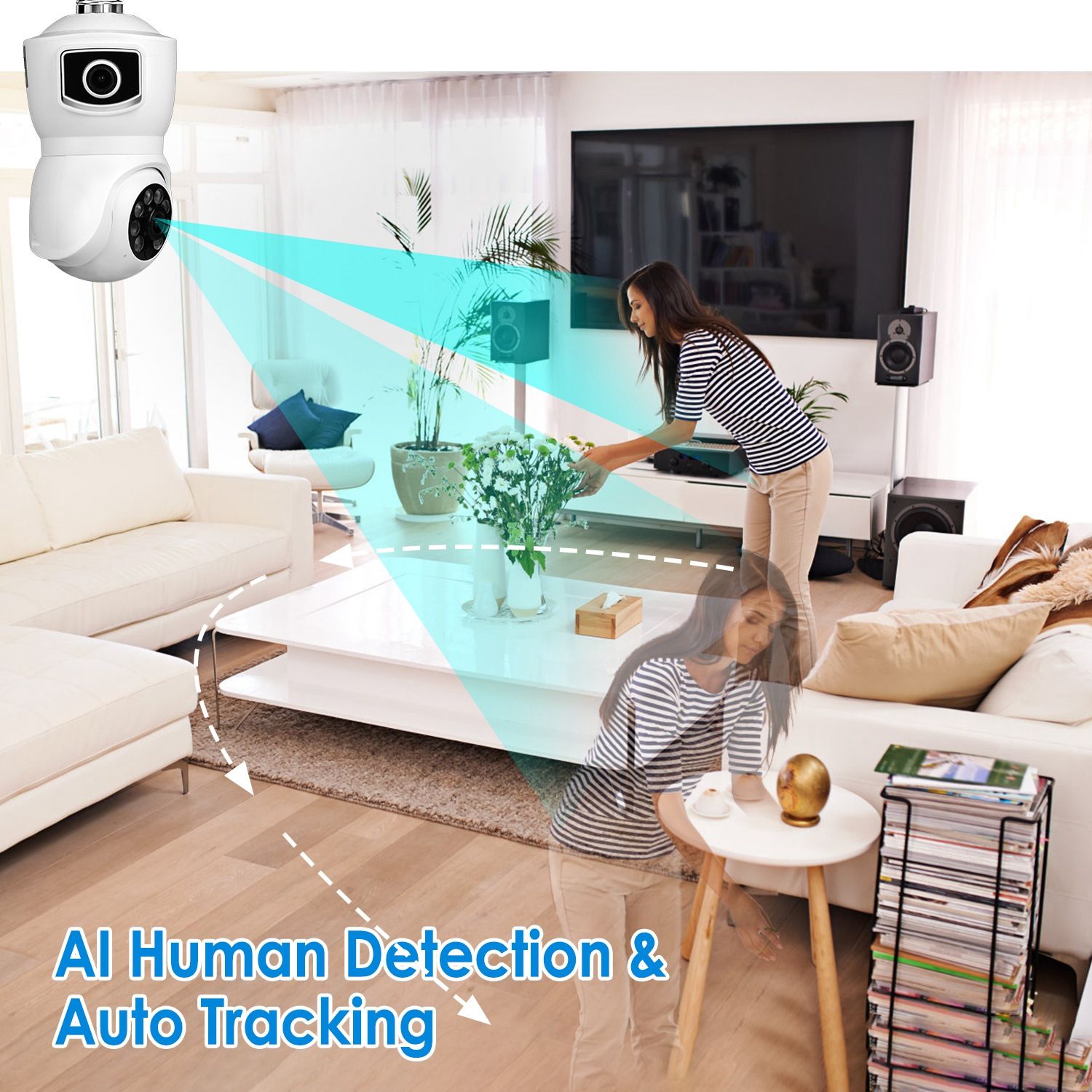 Dual Lens Security Camera E27 Light Socket Surveillance Camera 1080P WiFi IP Camera with APP Control AI Human Detection Full Color Night Vision Two-Way Audio