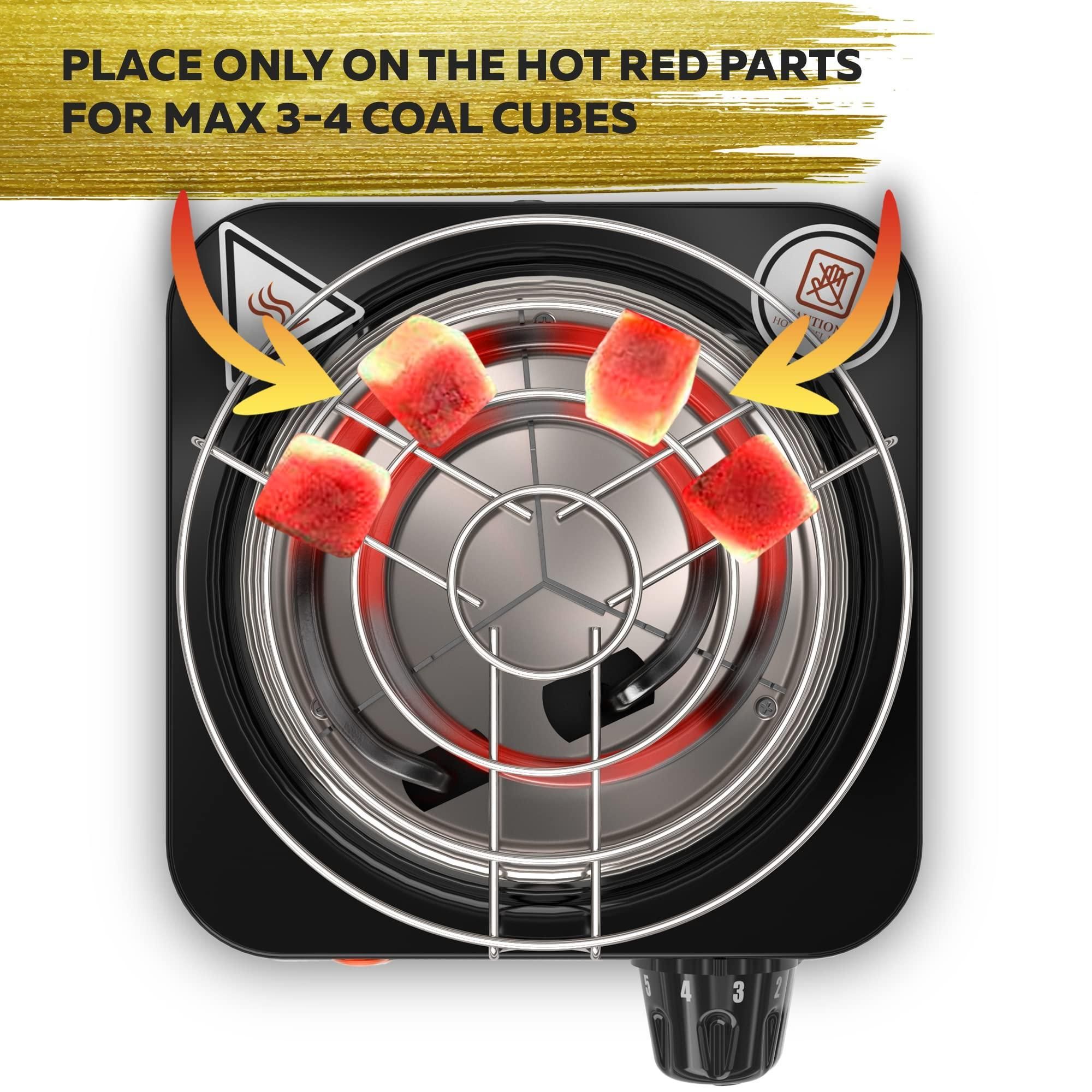 Coal Burner for Hookah Cubes 500W with Grid Black Heat Hookah Charcoal Burner Electric for Shisha with Grill & Free Hookah Tongs Hookah Starter Strong Durable 304 Steel Coil Hookah Coals Burner