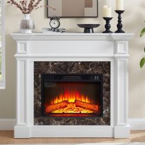 Electric Fireplace with Mantel, Fireplace Mantel, Fireplace Heater Freestanding, Realistic Stacked Stone Surround with Remote Control Timer LED Flame, White, 45.66"W*11.8"D*40"H